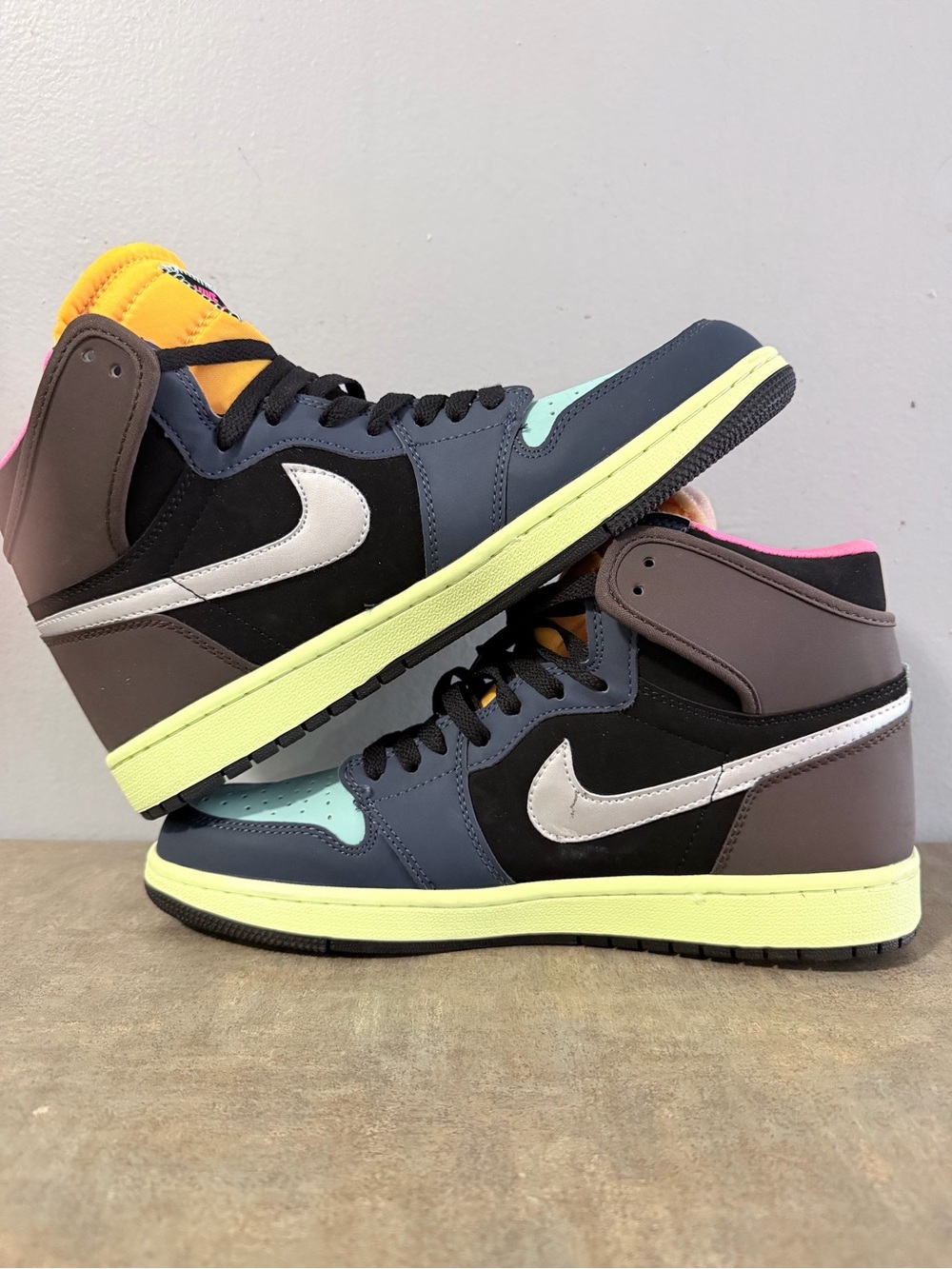 Nike Air Jordan 1 Mid Multicolor Sneakers - Neon Yellow, Teal & Pink Accents